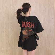 Short sleeve T-shirt female loose foreign style Han fan 2021 new design sense print medium long round neck cotton large version