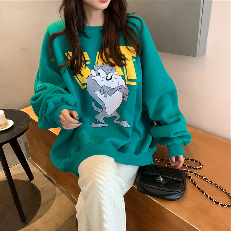 women's spring autumn thin round neck thick cotton T 2021 new cartoon student mid length non-hooded lazy korean style