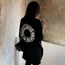 Black short sleeve T-shirt female foreign style loose Korean version 2021 new personalized print long round neck cotton body shirt