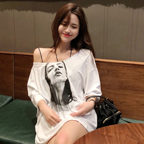 Short sleeve t-shirt women loose foreign style Han fan 2021 new design sense long round neck cotton big neckline