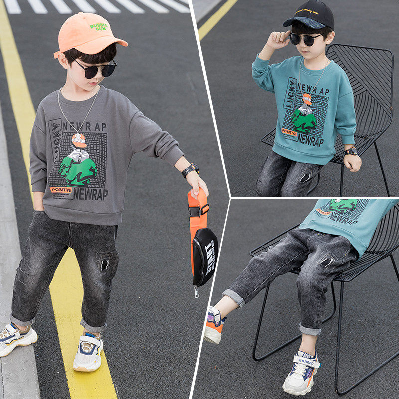 Boy Autumn Clothing Suit Denim 2022 Chunqiu New Children CUHK Boy Boy Han Edition Shuai Handsome Sports Two Suits