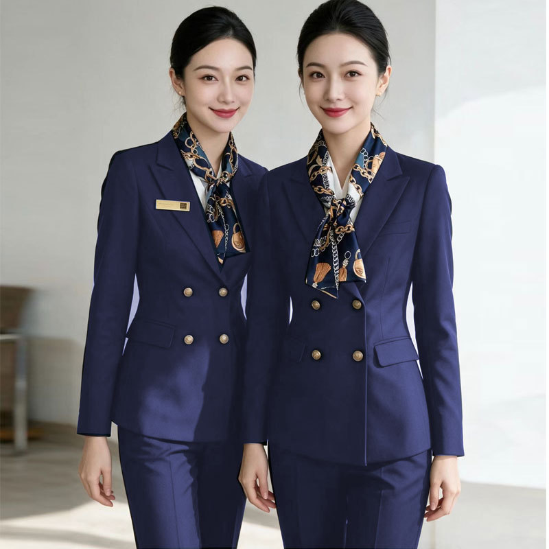 Long-Sleeved Suit with Pants for Women, Double-Breasted, Stewardess Etiquette Reception High-Speed Rail Uniform, Workwear, Hotel Professional Work Attire