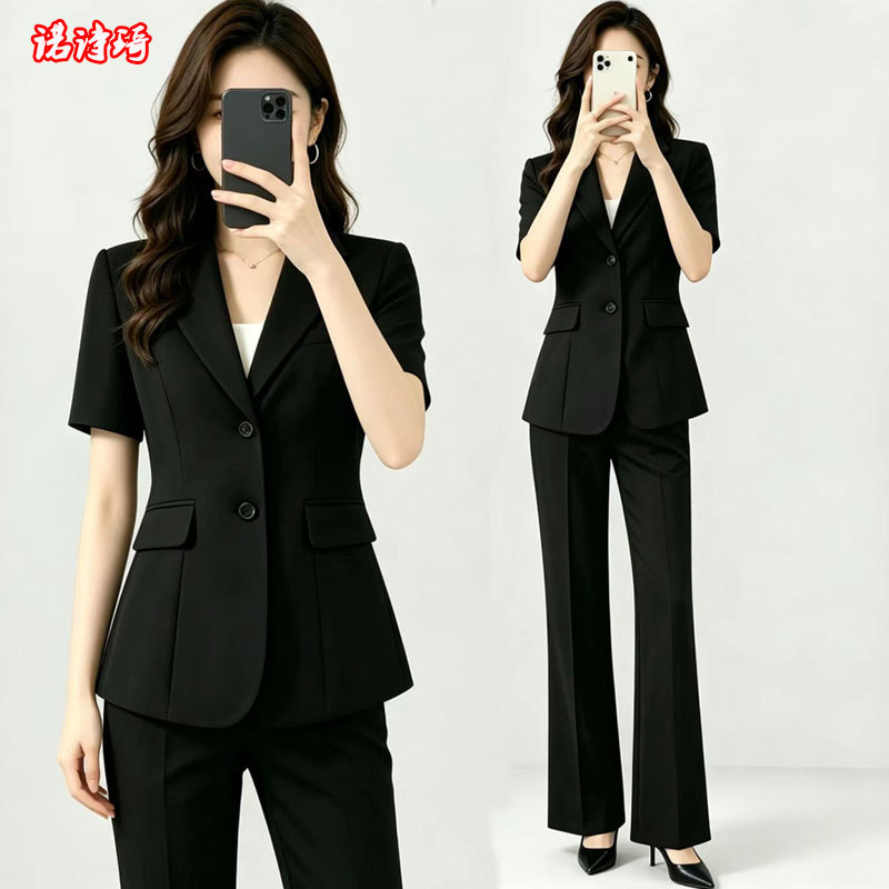 2026 Short-Sleeved Suit Set with Flared Pants for Women, Summer Formal Wear, Teacher Front Desk Manager Professional Jacket Workwear 2026 Short-Sleeved Suit Set with Flared Pants for Women, Summer Formal Wear, Teacher Front Desk Manager Professional Jacket Workwear
