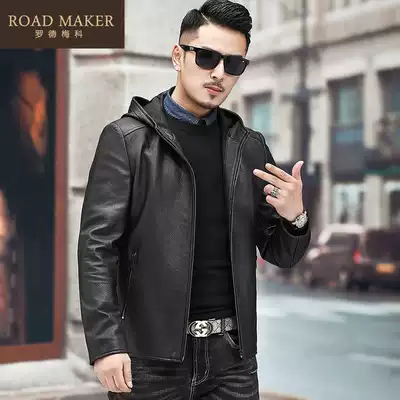 ROADMAKER autumn new imported deerskin leather clothing men's leather clip hooded casual short slim thin jacket