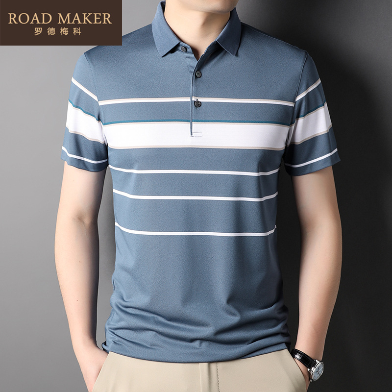 Road Maker 2022 Summer New Slum Silk Short Sleeve Male middle - aged POLO Shirt Strip T - shirt Boy tide