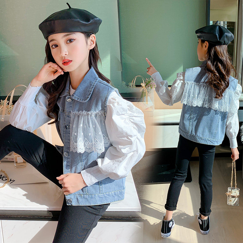 Girl's foreign pie trendy waistcoat Cowboy camouflavored outside wearing a foreign pie 2021 vest female Grand Serena Sweatshirt Lace Waistcoat