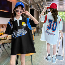 Girl Polo Dress White Summer Children Mid-Length Dresses Short Sleeve Net Red Pure Cotton Fashion T-shirt Foreign Air