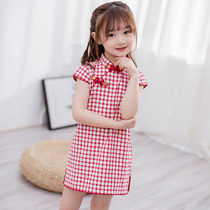 Girl Qipao Summer China Wind Little Girl Slim Fit Grid Children Cotton Hemp Summer Dress Female Baby Qipao Dress True Silk