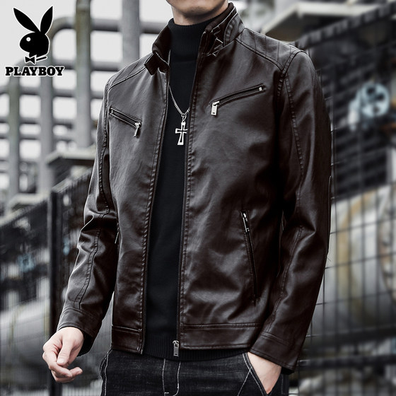 花花公子真皮皮衣男士立领海宁潮牌帅气休闲秋冬款机车皮夹克外套