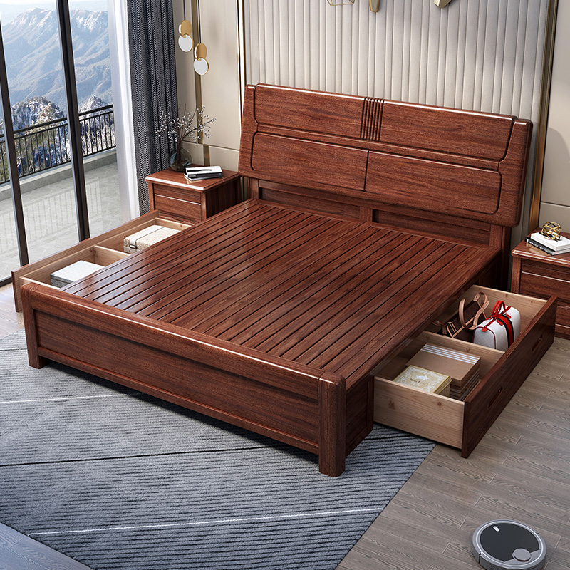 Chinese style solid wood bed 1 8 meters master bedroom double bed modern minimalist 1 5 meters walnut wedding bed storage bed economical