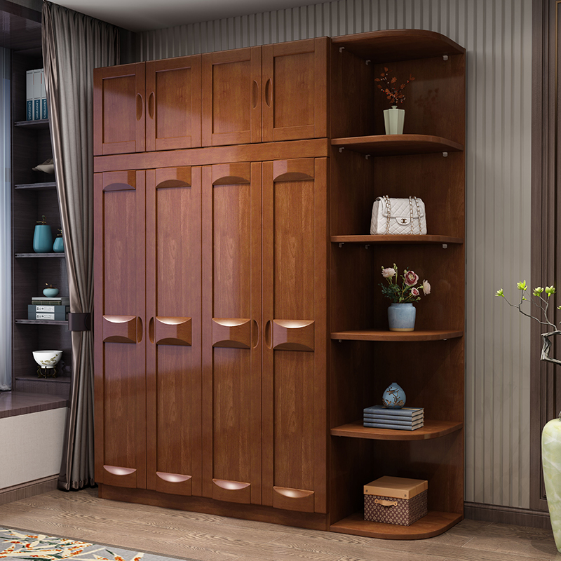 Solid wooden wardrobe New Chinese-style Wardrobe four doors six doors wooden bedroom large wardrobe modern simple economic furniture