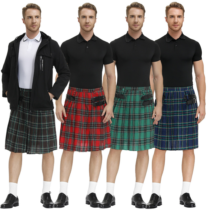 Halloween Costume Scottish National Festival Skirt Men's Plaid Pleated Skirt Plus Size Bar Work Uniform
