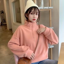 High neck plus velvet sweater womens spring 2021 new Korean loose thickened zipper top college style jacket ins