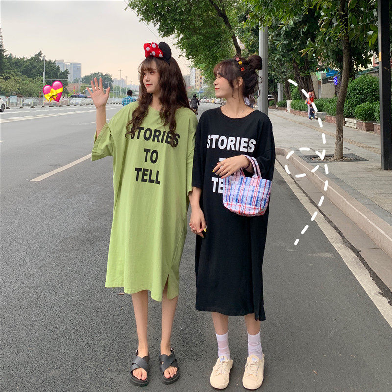 Large size Korean letter simple wild loose short sleeve Large size cotton T-shirt over the knee split mid-length dress