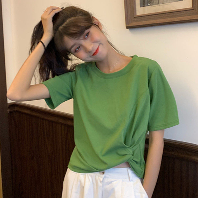 Large size 2021 summer cross knotted T-shirt women solid color loose umbilical short sleeve slim machine short top