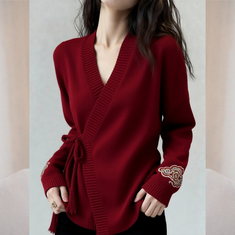 New Chinese-Style Red Cardigan for Women, 2026 Autumn New Model, Can Be Worn as an Inner Layer or as Outerwear, Wrap-Around Waist-Cinching Knitwear
