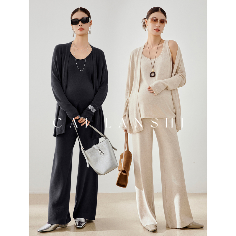 Cai Lanshi Maternity Wear Spring and Autumn Knitted Three-Piece Set Loose Maternity Cardigan Vest Belly Support Wide-Leg Pants Set for Women