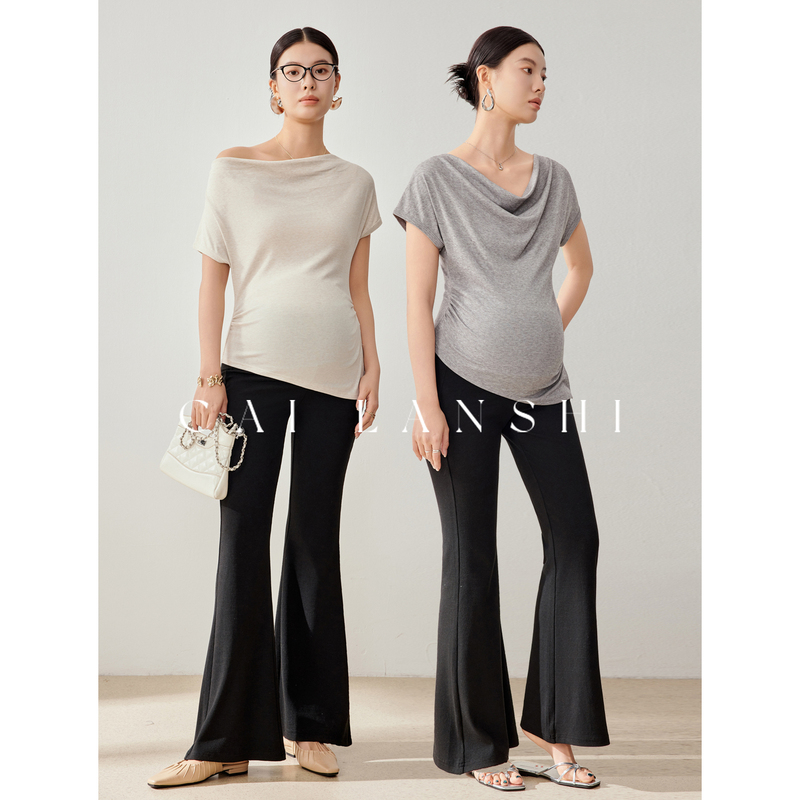 Cai Lanshi Maternity Wear 2026 Summer New Fashionable Ruched Collar Short-Sleeve Top Loose Slimming Flared Pants Set