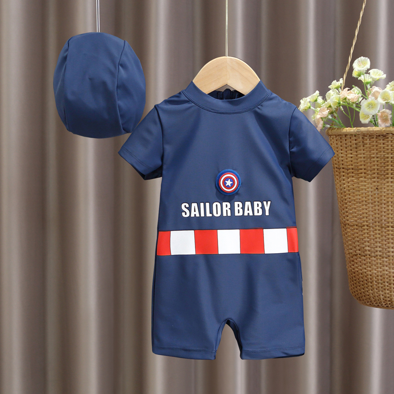 Children's swimsuit one-piece boy's quick-drying short-sleeved swimming cap equipment children's new baby seaside vacation swimwear