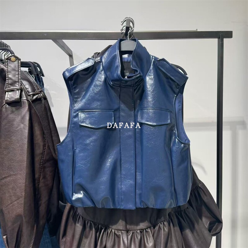 Hot Girl Style Blue Stand-Up Collar Leather Pu Vest for Women, Cool Style Short Jacket, Sleeveless Jacket 1255817 Hot Girl Style Blue Stand-Up Collar Leather Pu Vest for Women, Cool Style Short Jacket, Sleeveless Jacket 1255817