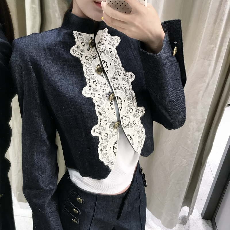 Napoleon-Style Lace Patchwork Short Jacket for Women, Autumn Dark Blue Metal Buckle Elegant Jacket 7932576 Napoleon-Style Lace Patchwork Short Jacket for Women, Autumn Dark Blue Metal Buckle Elegant Jacket 7932576