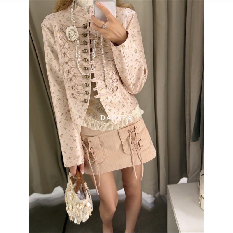 Gorgeous Napoleon-Style Pink Floral Short Jacket for Women, Knight-Style Printed Jacket for Petite Sizes 4341706