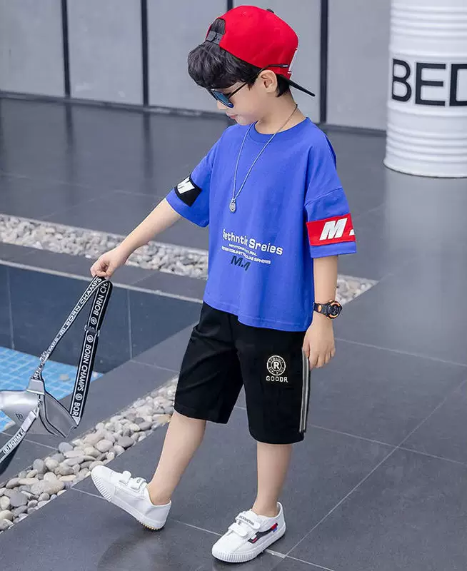 Mùa hè 2020 bộ đồ cho bé trai mới mùa hè của trẻ em lớn xu hướng quần jean ngắn tay xu hướng hai mảnh - Quần jean