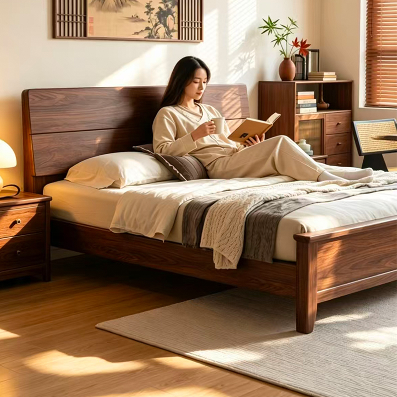 Black Walnut Solid Wood Bed, Modern Minimalist Master Bedroom, 1.8m Large Bed with Solid Wood Storage, Secondary Bedroom, 1.5m Double Bed, Wedding Bed