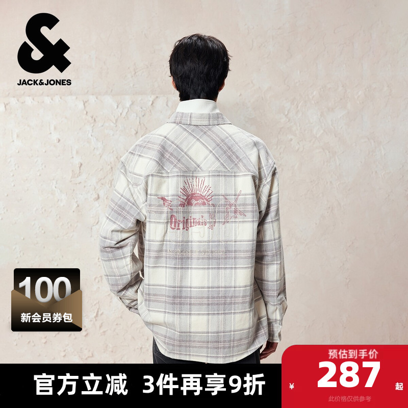 Jack Jones Outlet Men's Spring and Autumn Shirts 2025 New Style Pure Cotton Letter Embroidery Print Long Sleeve