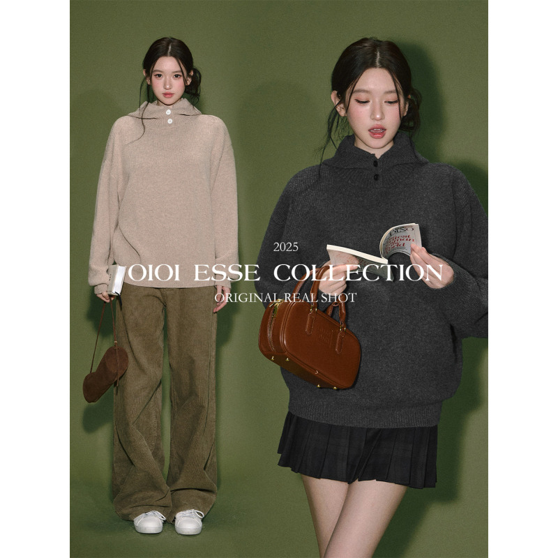 Oioi Esse｜Wool Blend Hooded Button-Up Knit Top for Women, Autumn and Winter Slim-Fit Long-Sleeve Pullover Sweater