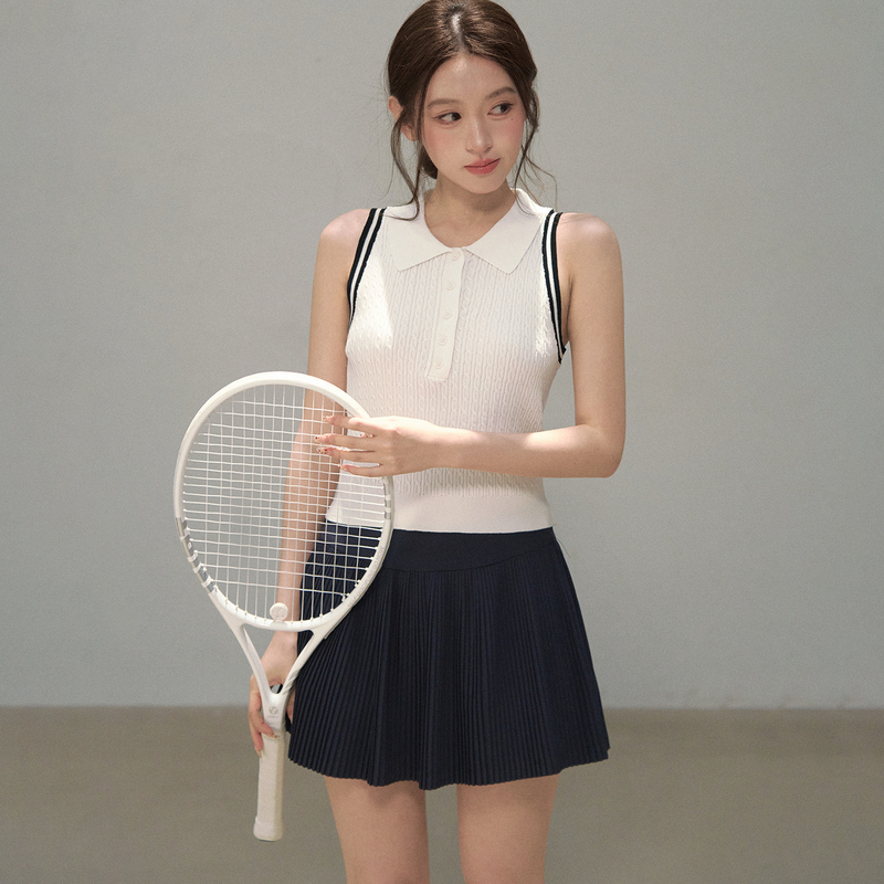 Oioi Esse｜Tennis-Style Color-Blocked Twist Knit Polo Collar Vest for Women, Summer College Button-Up Sleeveless Top