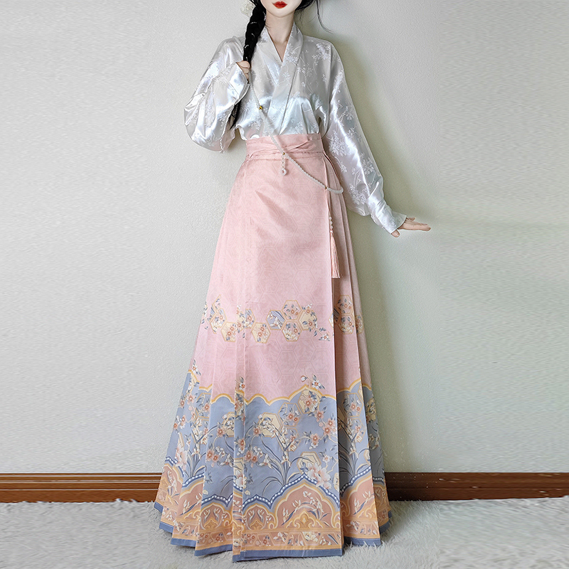 Hanqingci Original Floral New Chinese Style Mamian Skirt Cross-Collar Airplane Sleeve Daily Ming Dynasty Hanfu 2024 Spring/Summer New Collection