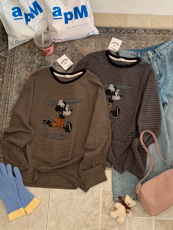 Korean Style ~ New Autumn Mickey Print Striped Loose T-Shirt Korean Style ~ New Autumn Mickey Print Striped Loose T-Shirt
