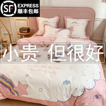 Korean Princess style 60 cotton plush cotton four-piece set Sweet rainbow embroidery skin-friendly naked sleeping double bed bedding