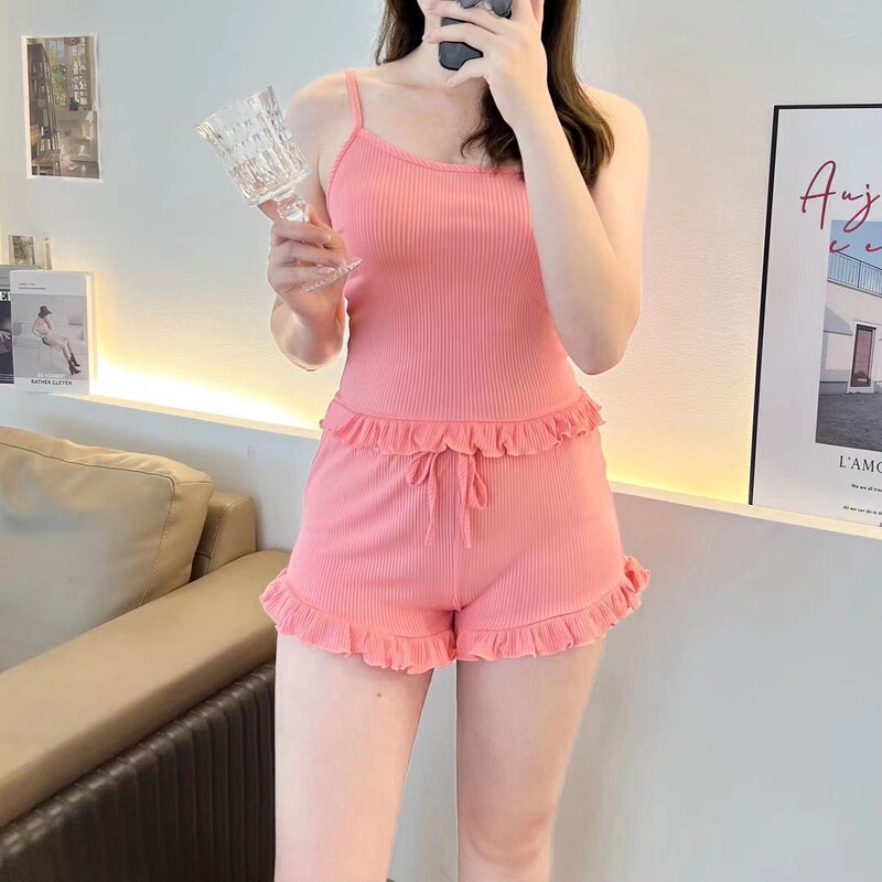 European and American Style Pajamas, Sexy Camisole, Hot Girl Shorts Two-Piece Set, Cross-Border Wearable Loungewear Set, Solid Color Stripes European and American Style Pajamas, Sexy Camisole, Hot Girl Shorts Two-Piece Set, Cross-Border Wearable Loungewear Set, Solid Color Stripes