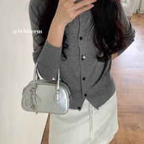 2024 new spring and summer Korean style womens bag trendy oil wax leather silver high-end bowling ball single shoulder diagonal portable small