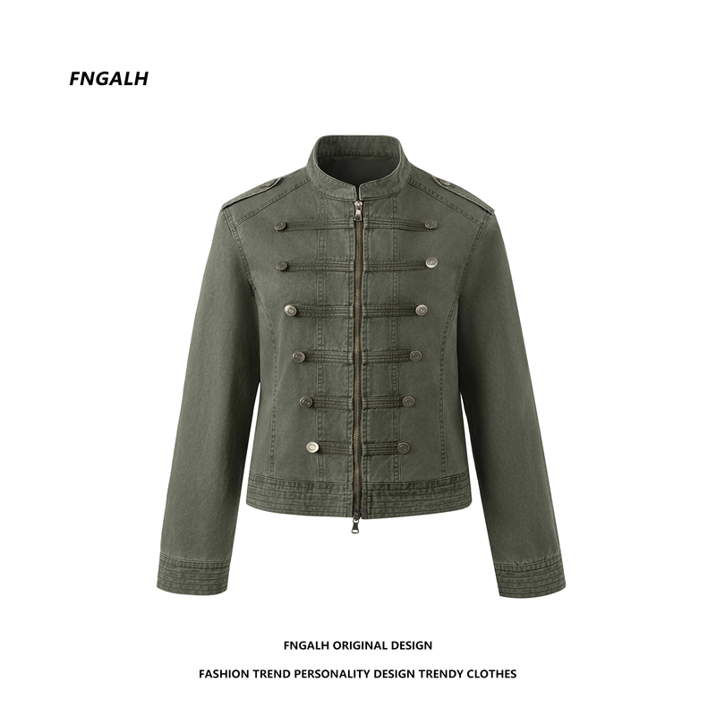 Fngalh Napoleon-Style Vintage Washed Distressed Stand-Up Collar Double-Breasted Slim-Fit Designer Jacket Top
