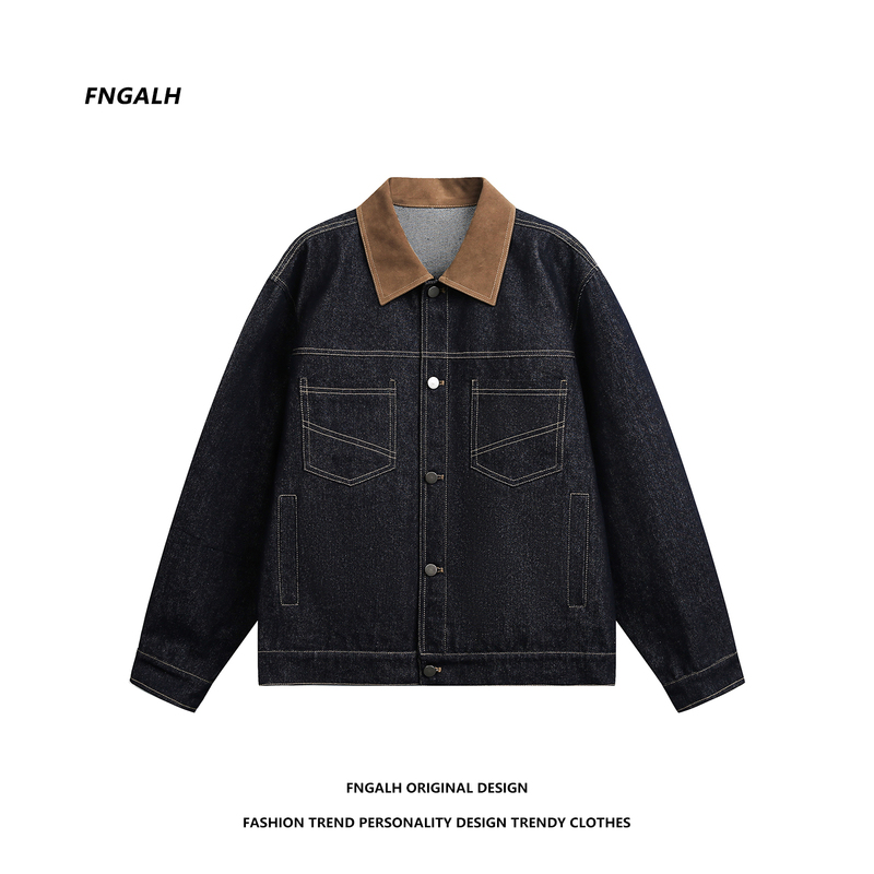 Fngalh Autumn American Retro Contrast Color Denim Jacket for Women Slimming Workwear Style Turn-Down Collar Jacket Top Trendy