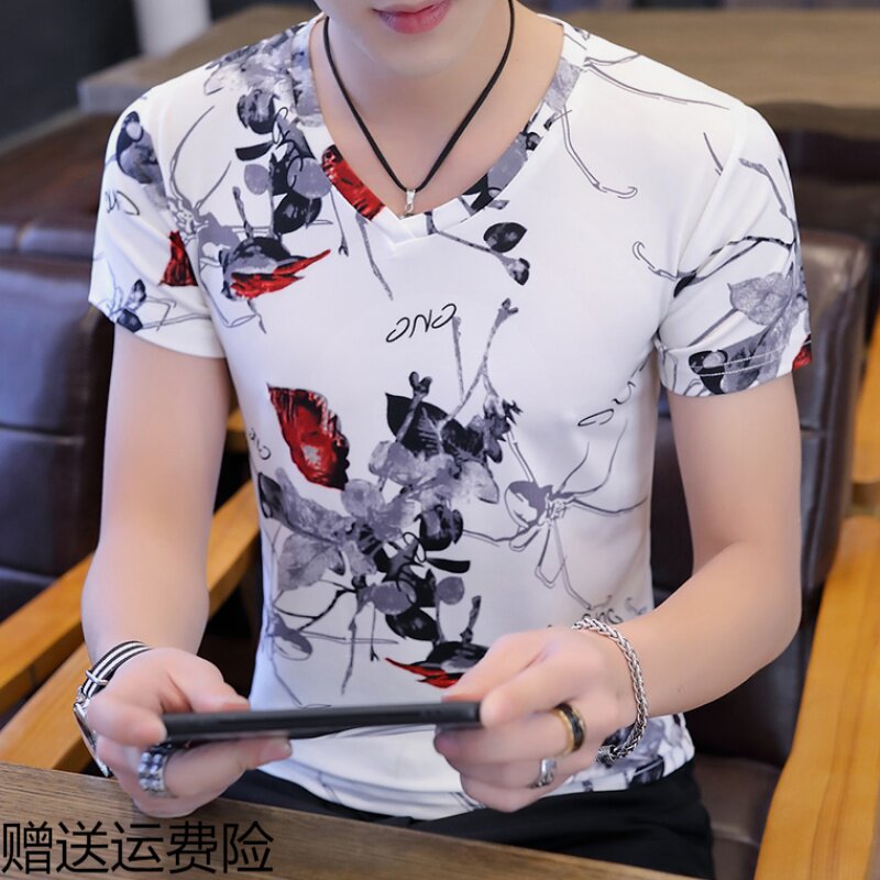 Summer new short sleeve slim flower T-shirt men's collar base shirt half sleeve clothes trend summer T-shirt