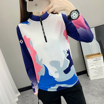 Outdoor Speed Dry Long Sleeve T-shirt Woman Fall Printed Upright Collar Breathable Perspiration Quick Dry Jersey Mountaineering Running Sport Blouse