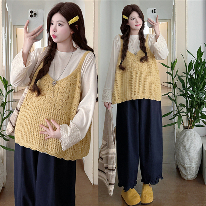 Maternity Tops Spring Outfit Korean Style Fashionable Belly-Covering Babydoll Shirt Long-Sleeve T-Shirt Vest Two-Piece Set Pants Spring and Autumn