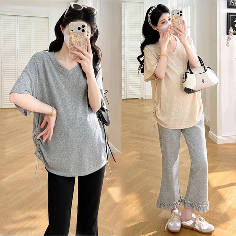 Maternity Tops, Summer Wear, Korean Style Belly-Covering Drawstring Short-Sleeved T-Shirts That Don'T Show Pregnancy, Stylish Maternity Wear Pants Set for Pregnancy