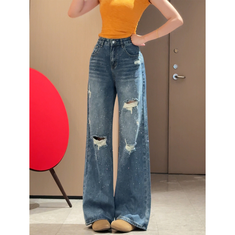 American-Style Ripped Rhinestone Wide-Leg Jeans for Women, New Summer Plus-Size High-Street Loose Straight-Leg Floor-Length Pants
