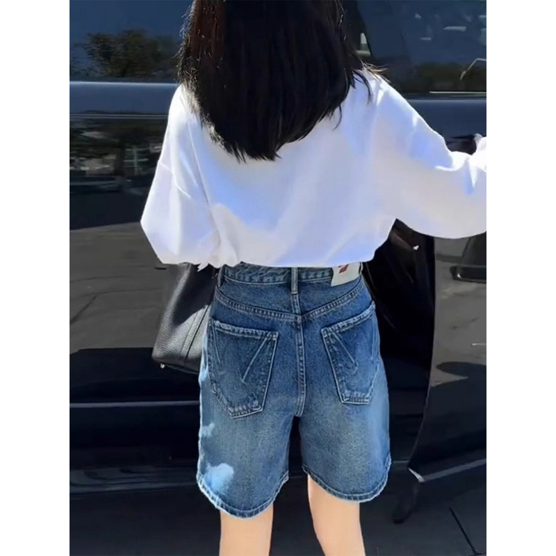 Vintage Wide-Leg Denim Shorts for Women, Summer Thin Style, Plus Size, High-Waisted, Hip-Covering, Slimming, Loose, Knee-Length Straight Pants