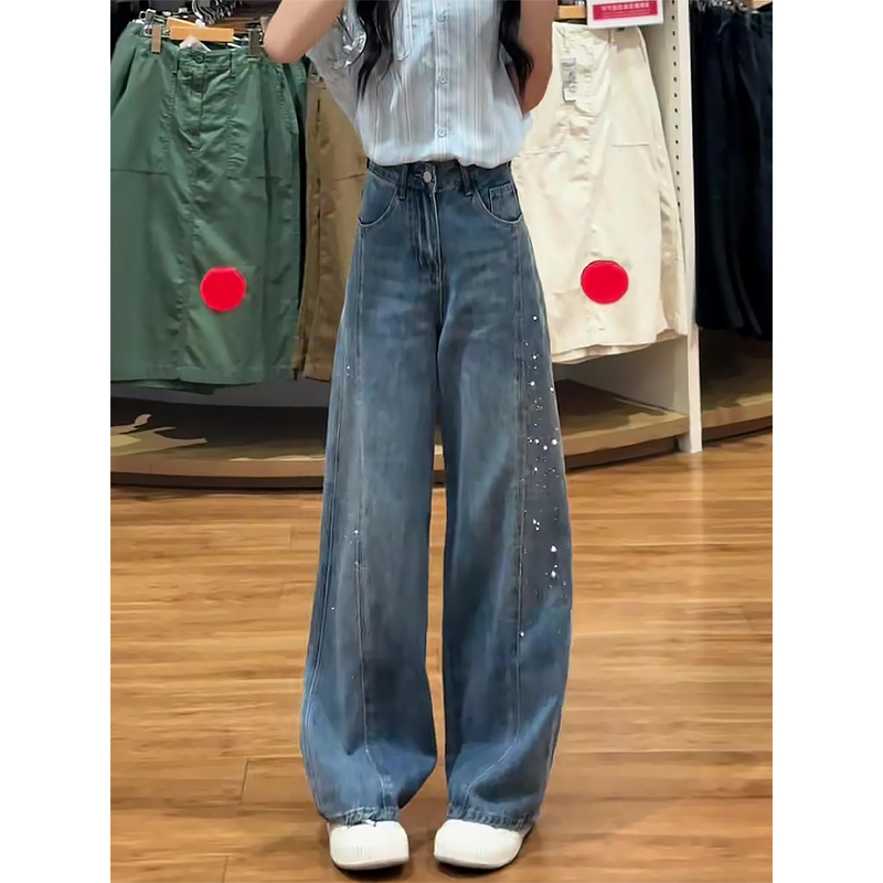 Vintage Rhinestone Wide-Leg Jeans for Women, Summer Thin Style, Plus Size, High-Waisted, Slimming, Loose Fit, Versatile Straight Pants