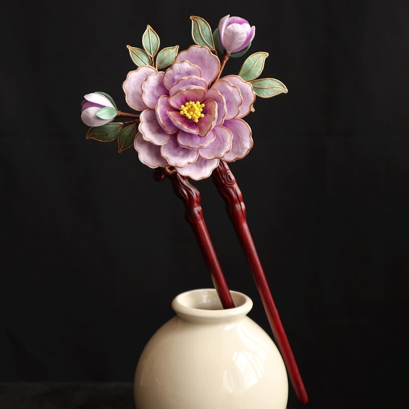 Original Intangible Cultural Heritage Filigree Velvet Flower Hairpin, Ancient Style Hanfu Silk Pink-Purple Peony Camellia Hair Accessory, Step Shake Hairpin for Bride
