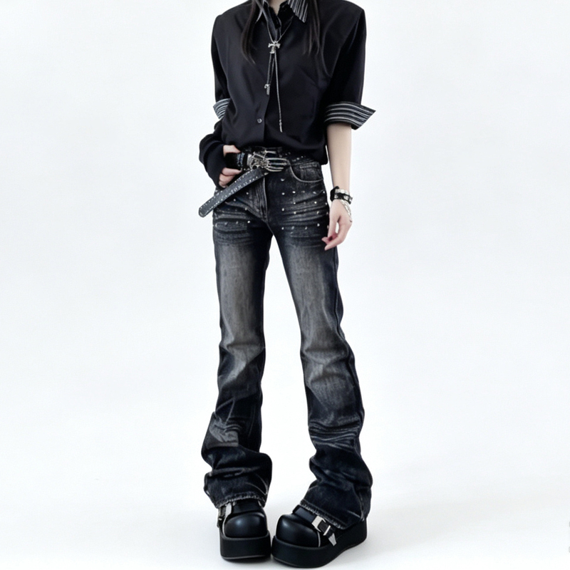 Y2K Light Subculture Studded Flared Jeans for Women, Autumn, Plus Size, High Waist, Slimming, Punk Style, Long Pants for Plus-Size Women