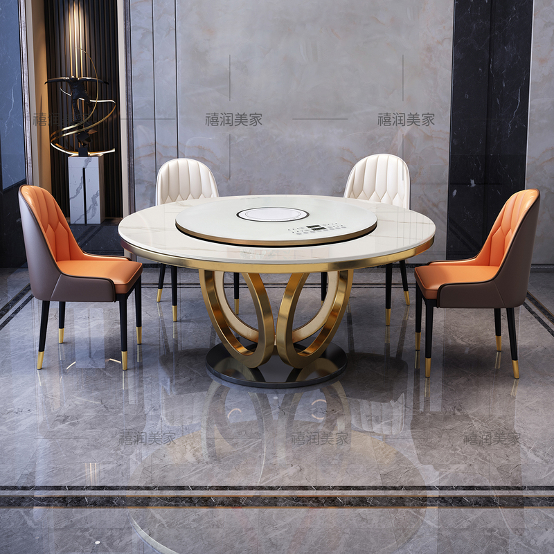 Light Luxury Slate Dining Table and Chair Set for Home and Restaurant Use, with Electric Rotating Warming Plate, Hot Pot, and Induction Cooker, Round Dining Table