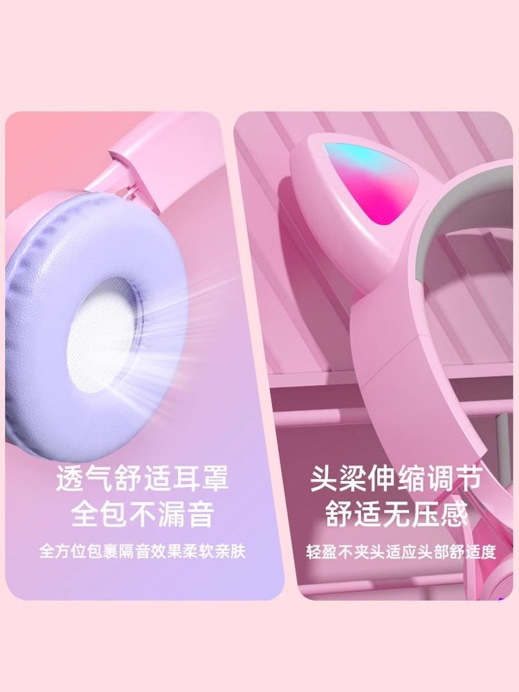 Head-Mounted Cat Ear Headphones, Wireless Bluetooth Headset, Noise-Canceling Gaming Headset for Girls, Computer Headset for Children, with Microphone, High Aesthetic Appeal, Pink