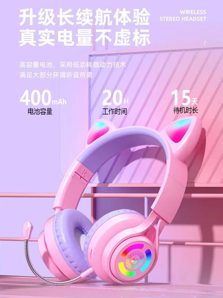 Head-Mounted Cat Ear Headphones, Wireless Bluetooth Headset, Noise-Canceling Gaming Headset for Girls, Computer Headset for Children, with Microphone, High Aesthetic Appeal, Pink